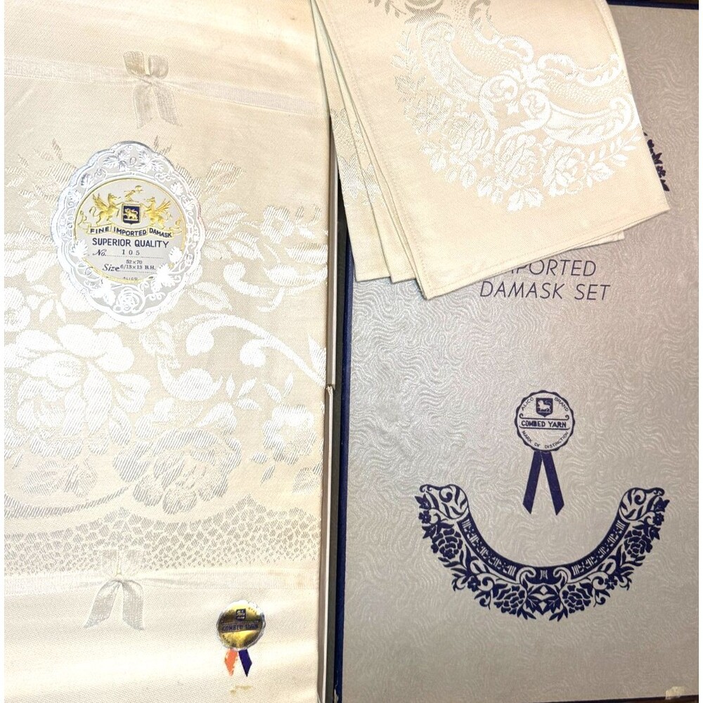 VTG ALICO 52 X 70 Ivory Fine Imported Damask Tablecloth & Napkins New Old Stock